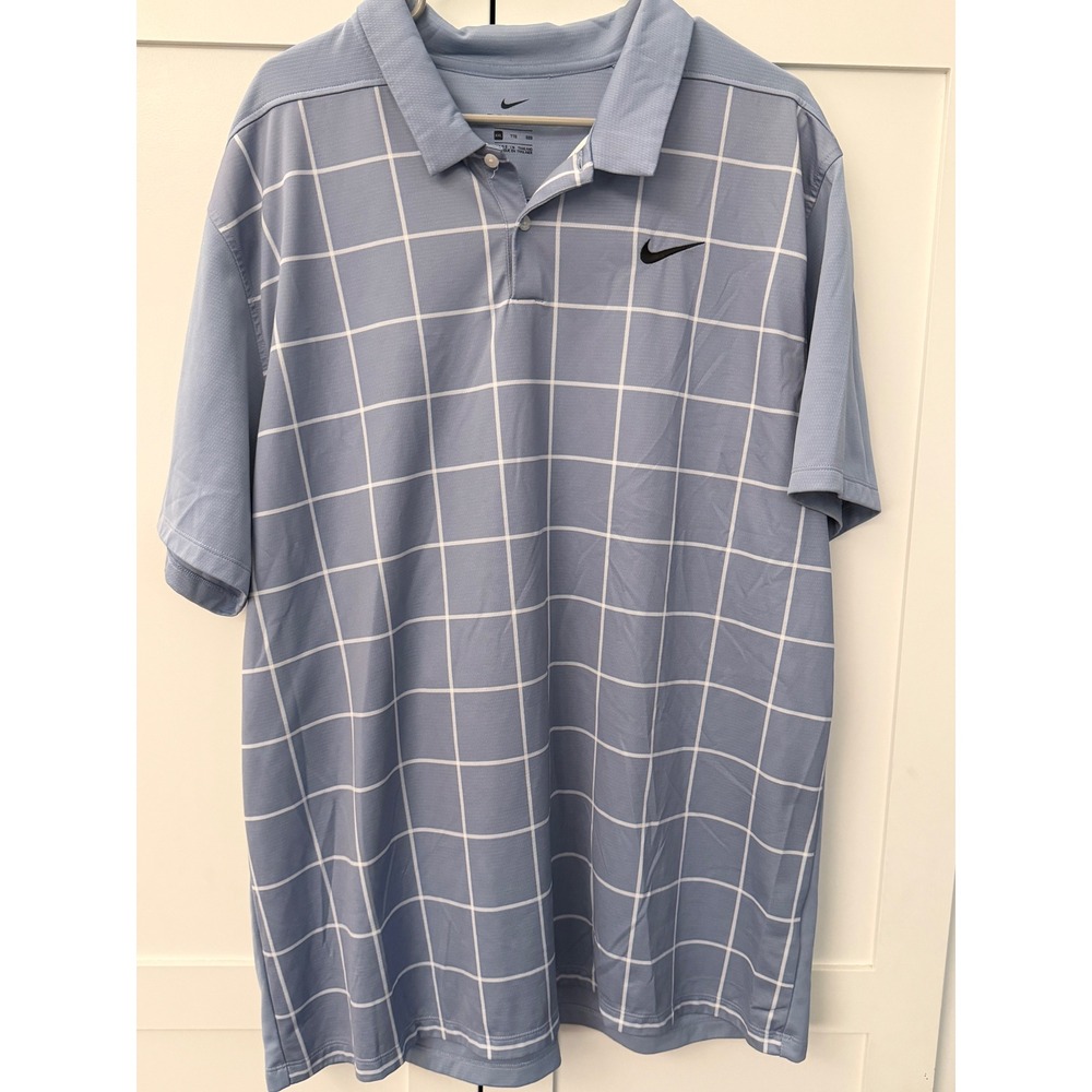 Nike Dri-FIT Mens XXL Blue Windowpane Grid Golf Polo Shirt Short Sleeve Sport
